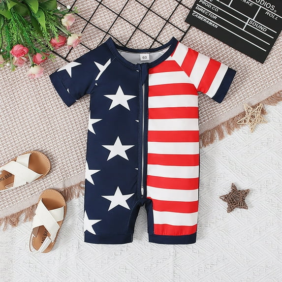 KAOOCXU Lovely Bodysuit For Kid Boys Girls Short Sleeved Printing Independence Day Zipper Crawlsuit Romper Jumpsuit Relaxed Fit Trendy Wear