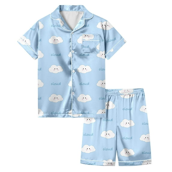 KAOOCXU New Comfortable Pajamas For Kid Girls Short Sleeved Cartoon Cloud Printed Turndown Collar Button Top Outfit Set With Colorful Shorts Daily At Home Must Have Playsuit