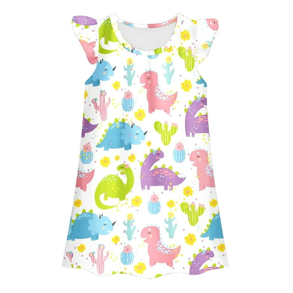 KAOOCXU New Dress For Girl Cartoon Dinosaur Printed Flying Sleeved O-Neck Summer Pajamas Dress Home Wear Skin Friendly Relaxed Fit Activewear