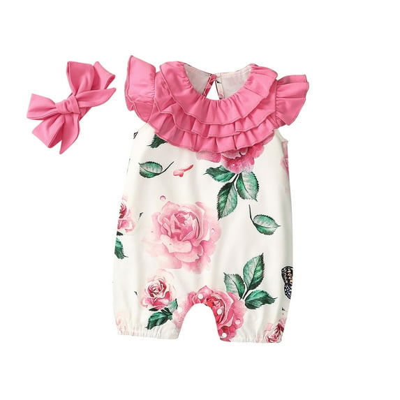 KAOOCXU New Summer Bodysuit For Girl Flying Sleeved Flower Printed Jumpsuit Crawlsuit With Headband Breathable Cozy Onesies For Spring And Autumn