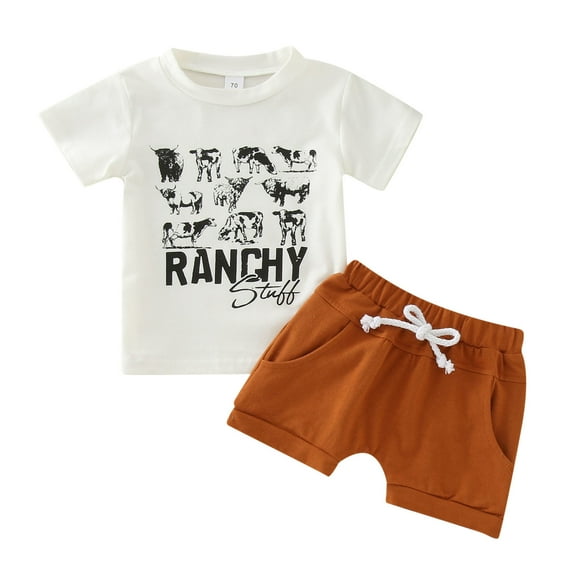 KAOOCXU New Tshirt For Baby Boy Short Sleeved Cartoon Cattles Letter Printed Shirt Tops Solid Color Shorts Child Kids Cake Party Outfit Shirt Shorts Set