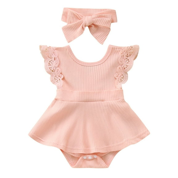 KAOOCXU Stylish Bodysuit For Girls Flying Sleeved Solid Color Baby Lace Jumpsuit With Headband Relaxed Fit Playsuit Clothes