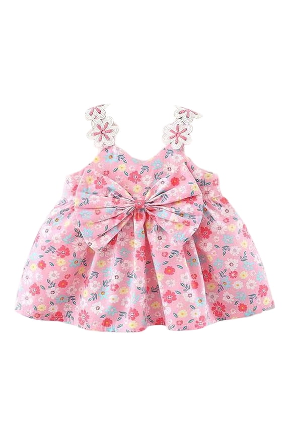 Versatile Dress For Girl Cartoon Flower Printed Sleeveless V-Neck Little Girls Stylish Princess Starp Dresses With Bow Leisure Preppy Daily Wear