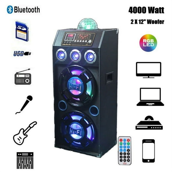 KAPAS 4000 WATT BLUETOOTH 2X12" SUPER WOOFER PARTY STAGE SPEAKER WITH RGB CHANGING LIGHT WITH USB/TF/FM