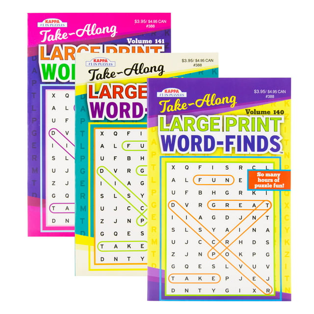 KAPPA Take Along Large Print Word Finds Puzzle Book - 8" x 5" Digest Size 3 Titles, Word Search Find Words Books for Adults Teens, Training Learning with Game, 24-Pack