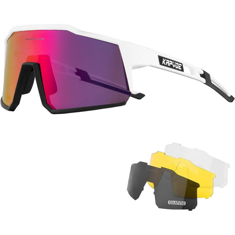 KAPVOE Polarized Cycling Sunglasses with 4 Interchangeable Lenses TR90 Sports Sunglasses Women Men Running Adult Unisex Size Normal White