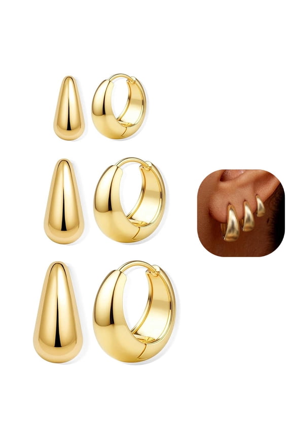 3 Pairs 14K Gold & Silver Plated Huggie Hoop Earrings for Women, Hypoallergenic Small Chunky Lightweight Hoop Earrings Stacks