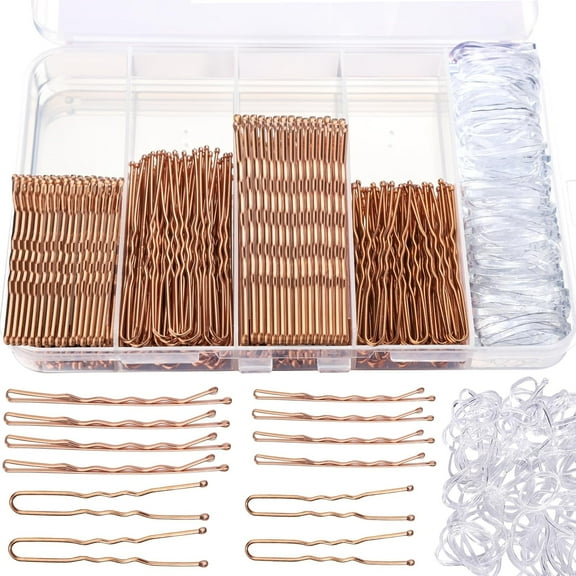 KAQ 300pcs Bobby Pins Hair Pins Kit, 100 Hair Pin for Women 100 Bobby Pins Brown and 100 Hair Bands, Hair Pins for Buns 2inch 2.36inch 2.75inch-Rose Gold