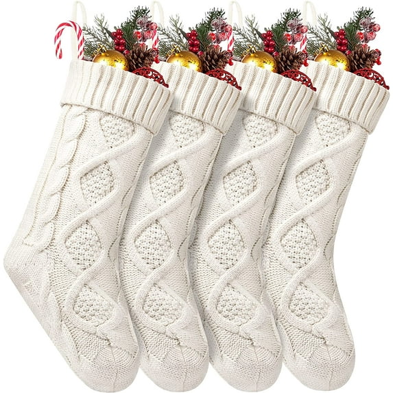 KAQ 4 Pack Christmas Stockings 18 Inches Large Size Cable Knitted Stocking Gifts & Decorations for Family Holiday Xmas Party, Ivory White
142