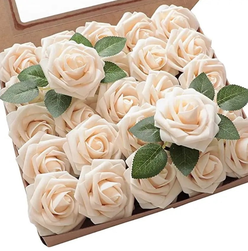 KAQ Artificial Flowers 25pcs Real Looking Ivory Foam Fake Roses with ...