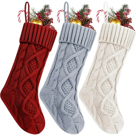 KAQ Christmas Stockings, 3 Pack 18 Inches Cable Knitted Large Size Stocking Gifts & Decorations for Family Holiday Xmas Party (Burgundy&Ivory White and Grey 18in)
167