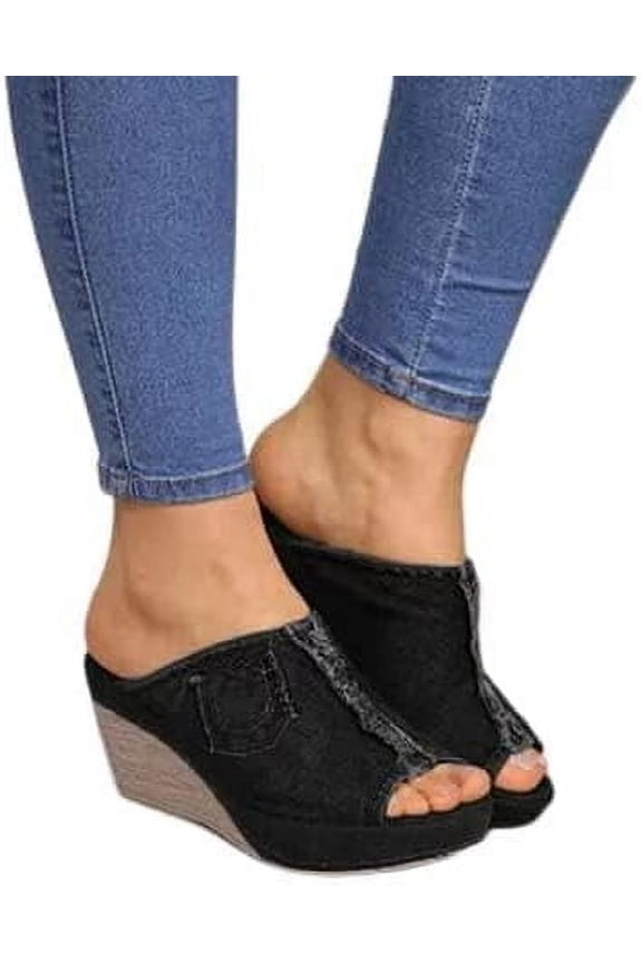 Denim Platform Wedges Women's Sandals Flat-Heeled Fish Mouth Sandals Thick Bottom Slippers