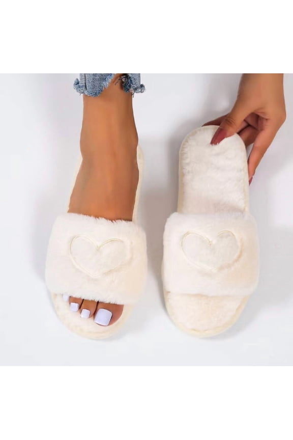 Heart Fuzzy Slippers for Women Fluffy Slippers Cozy Slides House Slippers Indoor Open Toe Slippers Bride Slippers