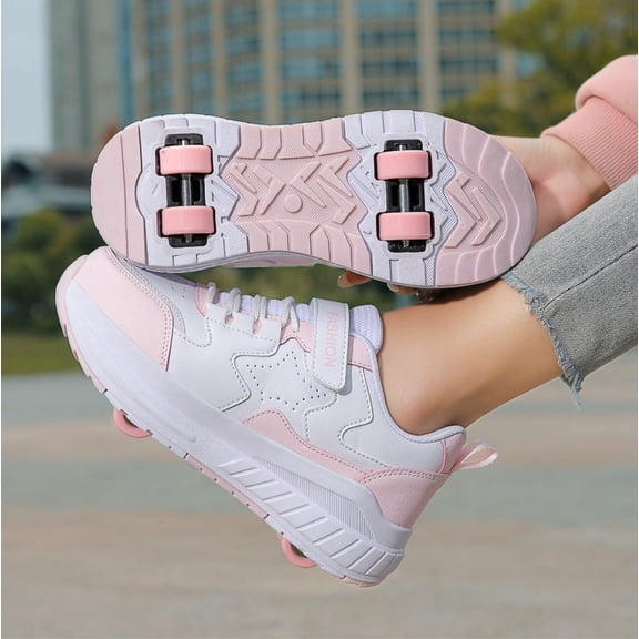 KAQ Kids Roller Skates Shoes Sneakers for Boys & Girls, Fashions Skateboarding Shoe Parkour Shoes with 4-Wheels Unisex Retractable Skating Shoes for Outdoor Sports Walking