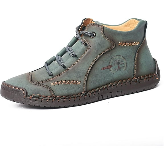 KAQ Men's Hand - Stitched Leather Lace - Up Ankle Boots - Casual Vintage Style with Anti - Slip Sole & Foot Arch Support for Hiking, Walking & Driving