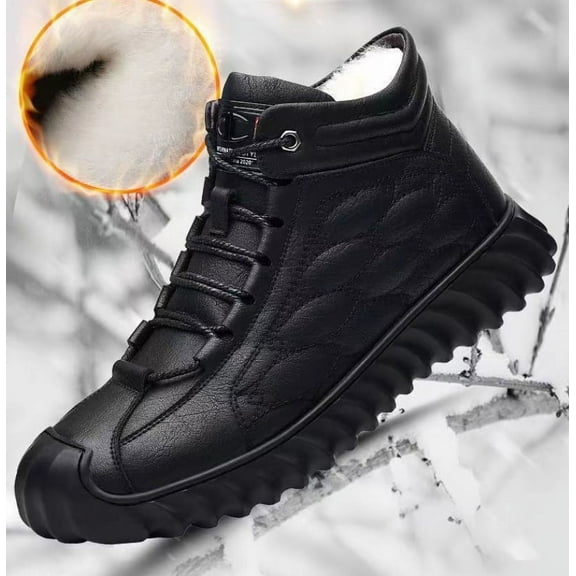 KAQ Men's Winter Fleece Warm Snow Boots Leather Ankle Booties,Casual Lace Up Sneakers Non-Slip Waterproof Walking Hiking Shoes