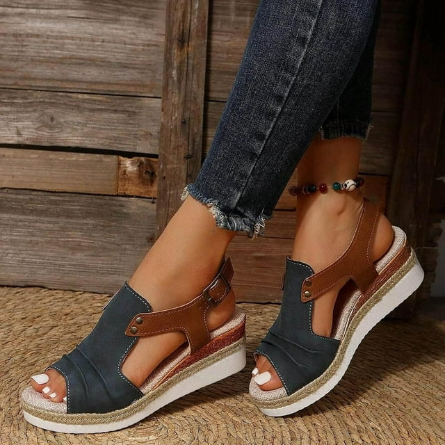 KAQ Navy Blue Orthopedic Wedge Sandals for Women Summer Dressy Flat Open Toe Ankle Strap Espadrilles Sandals Boho Comfortable Casual Strappy Slip on Wedges Shoes