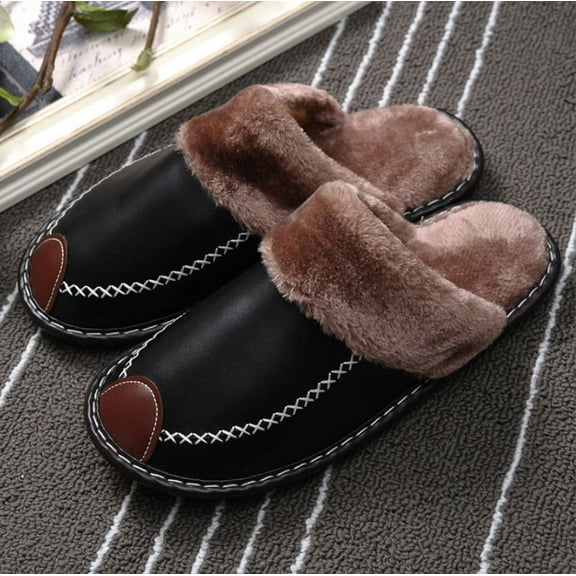 KAQ Slippers House Shoes Plush Lining PU Leather Upper Unisex Men Women Warm Slippers- Cozy Cashmere Memory Foam Slippers Non-Slip Rubber Sole