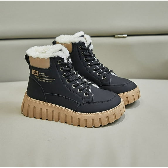 KAQ Snow Hiking Winter Boots for Women - Casual Brown Combat Work Boot - Non-slip Fur-Lined Ankle Boots - Fashion Boots Waterproof Leather Shoes