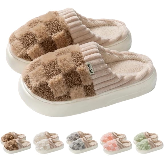 KAQ Unisex Checkered Plush Slippers - Warm, Fuzzy & Slip - on. Ideal for Indoor Wear, Perfect as Bedroom Shoes