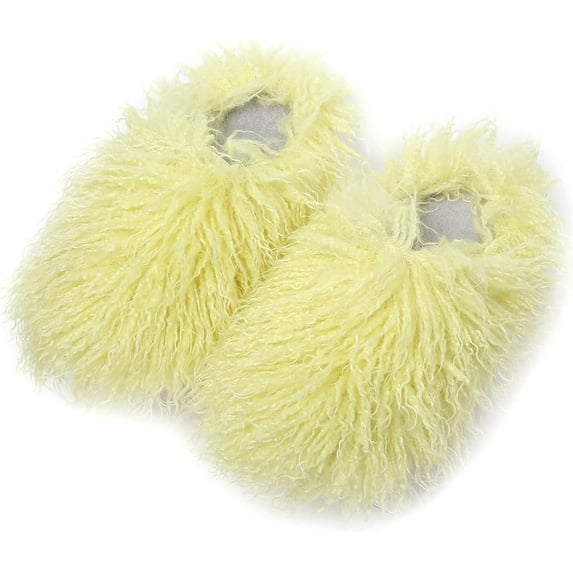 KAQ Unisex Fuzzy Faux Fur Slippers, Women's Fluffy Long Hair Sheep Faux Fur Slip on Slides, Girls Luxury Big Fluffy Outdoor Flat Slippers, Long Curly Hair Non-Slip Warm Home Slide Shoes
