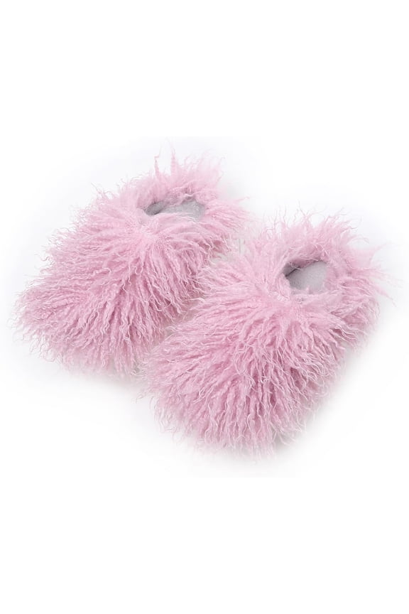 Unisex Fuzzy Faux Fur Slippers, Women's Fluffy Long Hair Sheep Faux Fur Slip on Slides, Girls Luxury Big Fluffy Outdoor Flat Slippers, Long Curly Hair Non-Slip Warm Home Slide Shoes