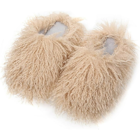 KAQ Unisex Fuzzy Faux Fur Slippers, Women's Fluffy Long Hair Sheep Faux Fur Slip on Slides, Girls Luxury Big Fluffy Outdoor Flat Slippers, Long Curly Hair Non-Slip Warm Home Slide Shoes