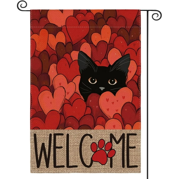 KAQ Valentines Day Garden Flag 12x18 Inch Double Sided Outside, Black Cat Love Hearts Welcome Yard Outdoor Flag