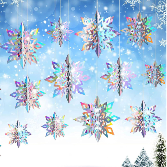 KAQ Winter Christmas Hanging Snowflake Decorations, 12PCS 3D Glittery Large White Snowflake for Christmas Winter Wonderland Holiday New Year Party Home Decorations