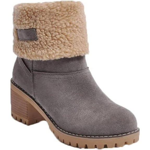 KAQ Women Cute Warm Short Boots Women's Winter Snow Fleece Suede Chunky Mid Heel Round Toe Ankle Booties Chunky Boots