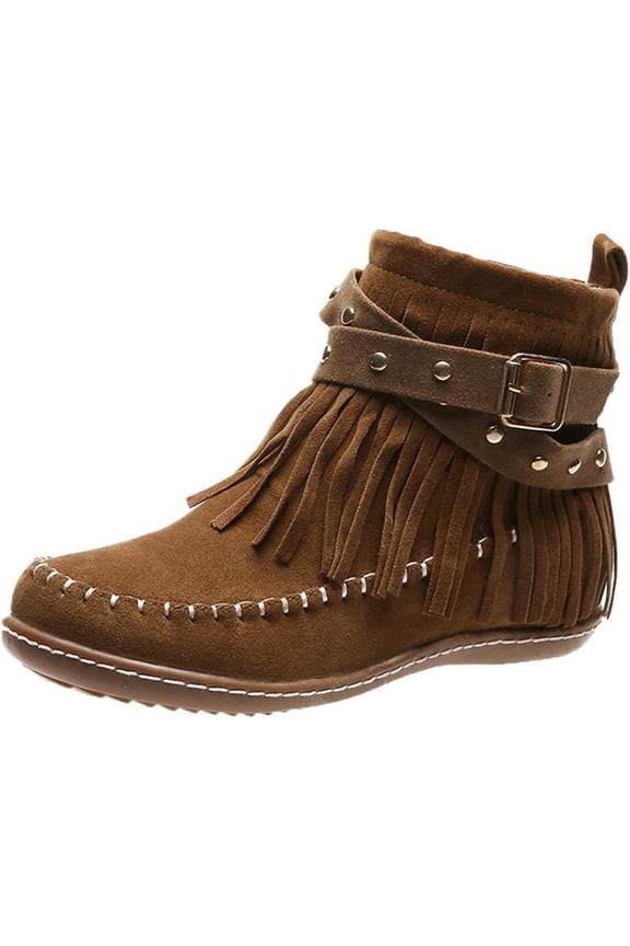 Women Vintage Casual Tassel Fringe Suede Wide Round Toe Ankle Booties With Side Zipper Fashion Bohemian Slip On Flats Anti Skid Winter Mid Calf Short Dress Boots For Lady Girl
