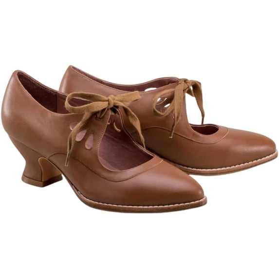 KAQ Women's Adorable Vintage Shoes Victorian Mary Jane Pumps Retro Point Toe Lace Up Shoes