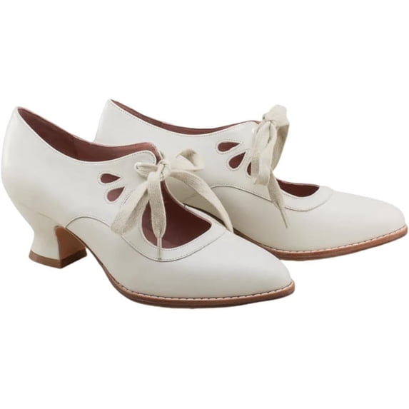 KAQ Women's Adorable Vintage Shoes Victorian Mary Jane Pumps Retro Point Toe Lace Up Shoes