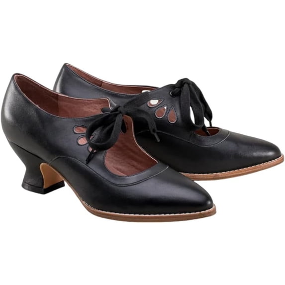 KAQ Women's Adorable Vintage Shoes Victorian Mary Jane Pumps Retro Point Toe Lace Up Shoes