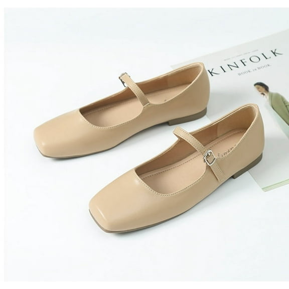 KAQ Women's Ballet Mary Jane Flats - Adjustable Strap, Square Closed Toe | Comfortable Versatile Chic Footwear with Latex Insole