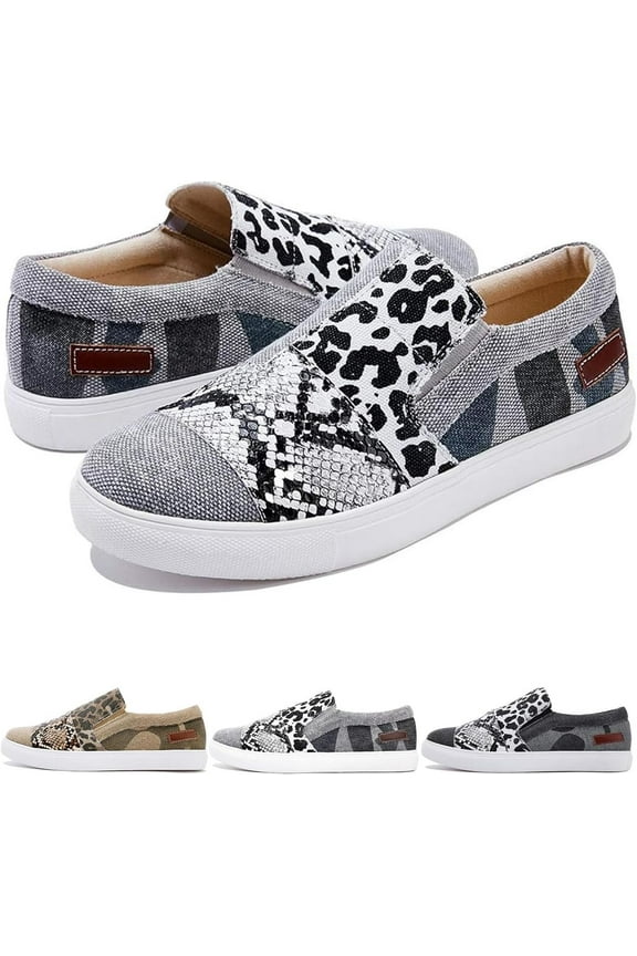 Women's Casual Animal Print Canvas Slip-On Flats - Raw Edge Pieced Design, Orthopedic Comfort, Low-Top Platform Sneaker Style