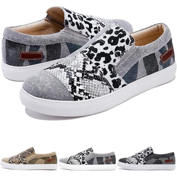 KAQ Women's Casual Animal Print Canvas Slip-On Flats - Raw Edge Pieced Design, Orthopedic Comfort, Low-Top Platform Sneaker Style