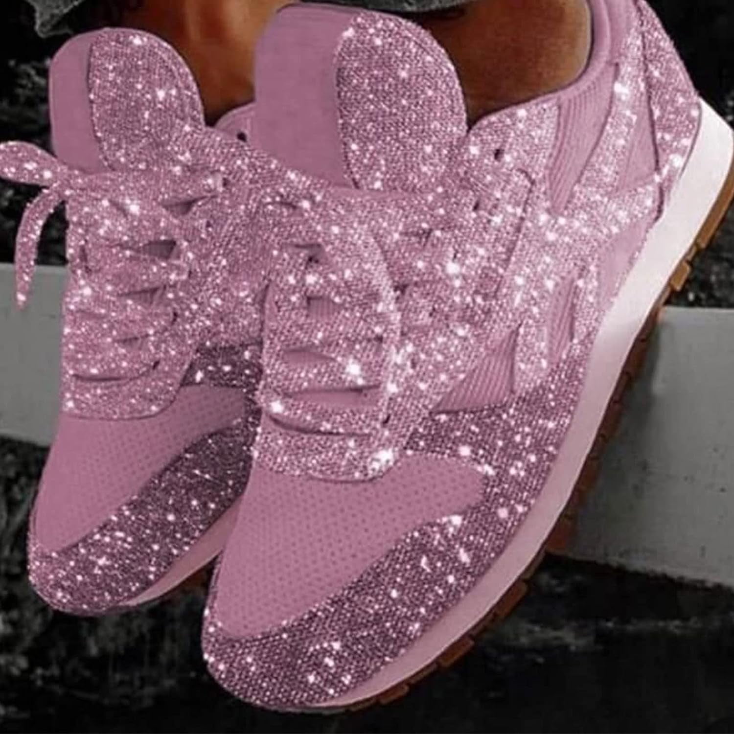 Women's Lace-Up Glitter Tennis Sneakers with Crystal Bling