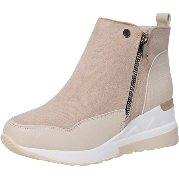 KAQ Women's Chunky Platform High - Heel Wedge Sneakers - Fashionable, Breathable & Lightweight. Air - Cushioned Casual White Canvas Sneakers with Side Zipper for Comfortable Walking