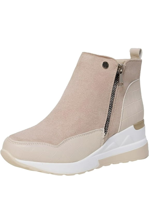 Women's Chunky Platform High - Heel Wedge Sneakers - Fashionable, Breathable & Lightweight. Air - Cushioned Casual White Canvas Sneakers with Side Zipper for Comfortable Walking