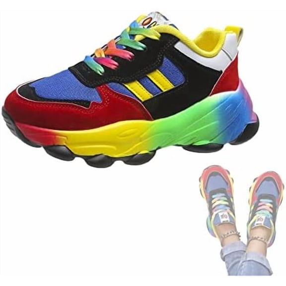 KAQ Women's Comfortable Stylish Rainbow Sneakers,Lace Up Orthopedic Arch Wide Foot Sneakers,Outdoor Workout Sneakers
