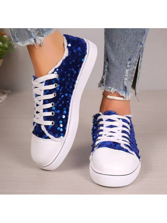 Women's Platform Sneakers – Lightweight Lace-Up Canvas Sneakers with Sparkle Accent Details, Traction-Enhanced Outsole & Wear-Resistant Design for Casual & Fall Fashion
