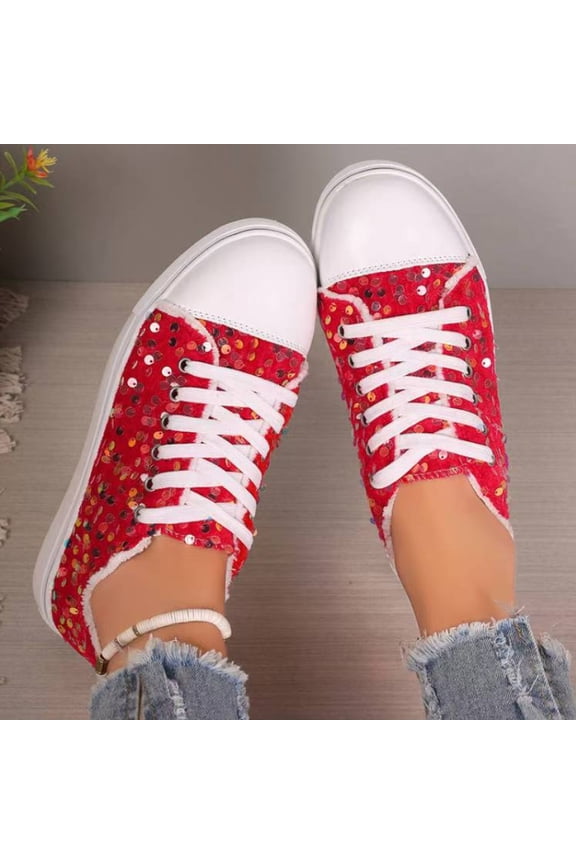 Women's Platform Sneakers – Lightweight Lace-Up Canvas Sneakers with Sparkle Accent Details, Traction-Enhanced Outsole & Wear-Resistant Design for Casual & Fall Fashion
