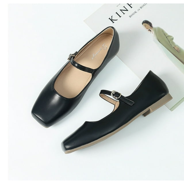 KAQ Womens Ballet Mary Jane Flats Shoes Adjustable Strap Comfortable Square Closed Toe Versatile Chic Footwear with Latex Insole