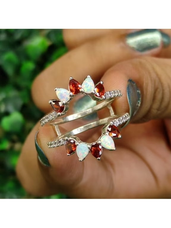 KARA 925 Sterling Silver White Opal & Red Garnet Pear Cut Ring Enhancer Guard Wrap Wedding Ring for Women