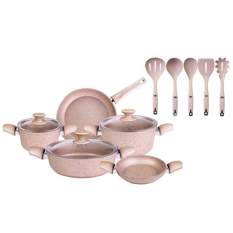 KARACA BioGranite Rosegold New 10 Pieces Cookware Set Induction Safe  Nonstick Granite Cooking Pots and Pans Set with Glass Lids and 5 Pcs  Serving Utensils 