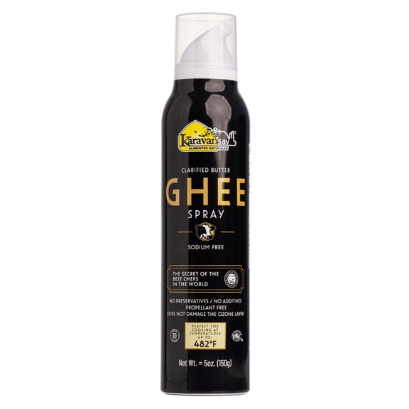 KARAVANSAY CLARIFIED BUTTER GHEE SPRAY, 100% GHEE, DOES NOT CONTAIN VEGETABLE OILS, ORIGINAL FLAVOR, 5oz, PROPELLANT FREE, HIGH SMOKE POINT 482F, NO ADDIVITES, COOKING MULTIPURPOSE, KOSHER