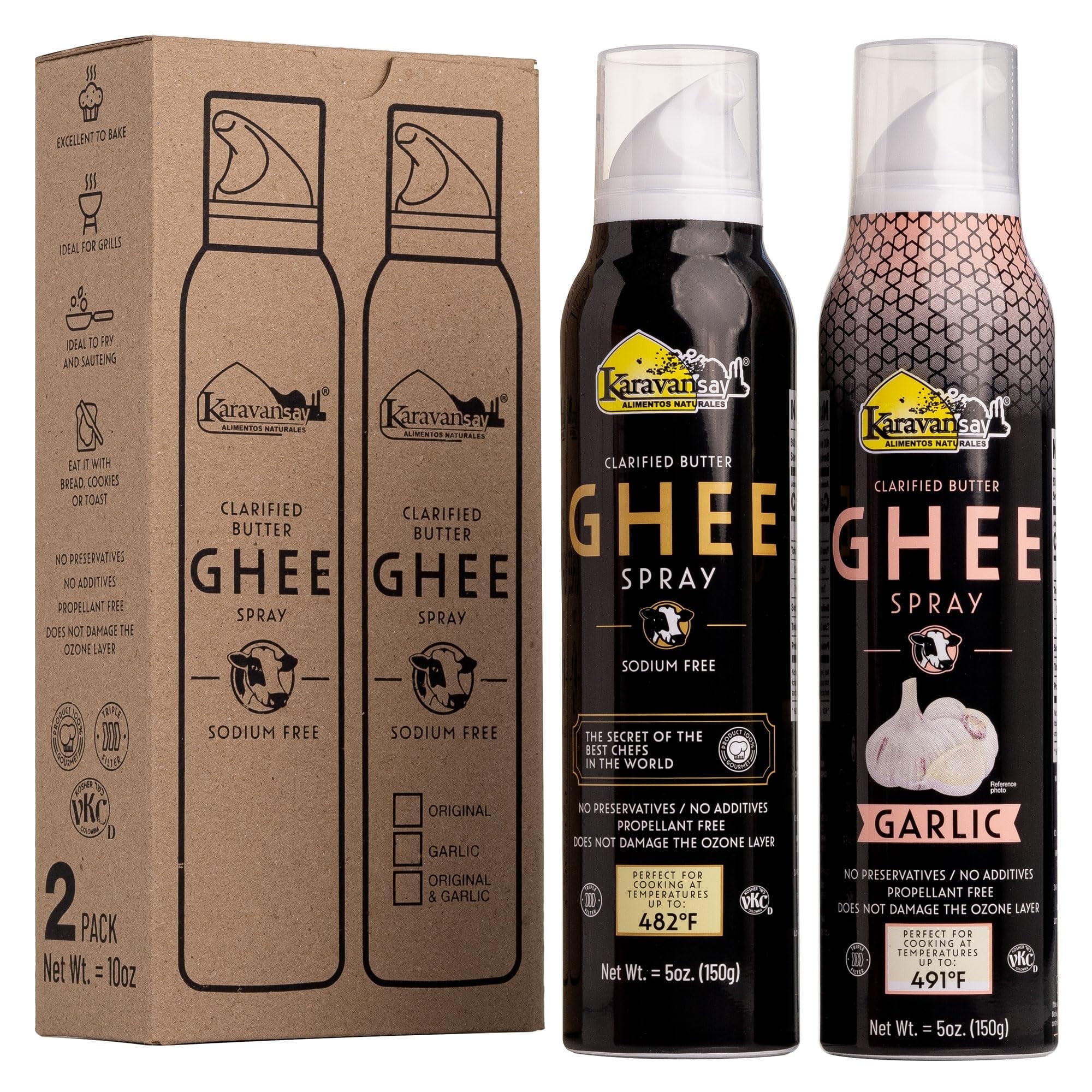 KARAVANSAY CLARIFIED BUTTER GHEE SPRAY PACK OF TWO x 10 oz (NATURAL AND GARLIC), 100% NATURAL