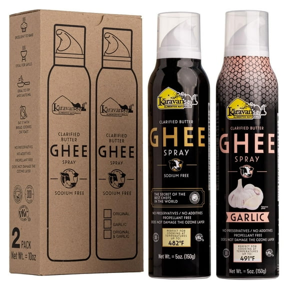 KARAVANSAY CLARIFIED BUTTER GHEE SPRAY PACK OF TWO x 10 oz (NATURAL AND GARLIC), 100% NATURAL