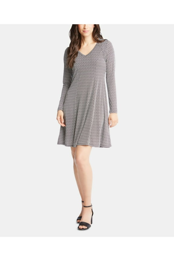 Womens Black Printed V Neck Above The Knee Shift Dress S